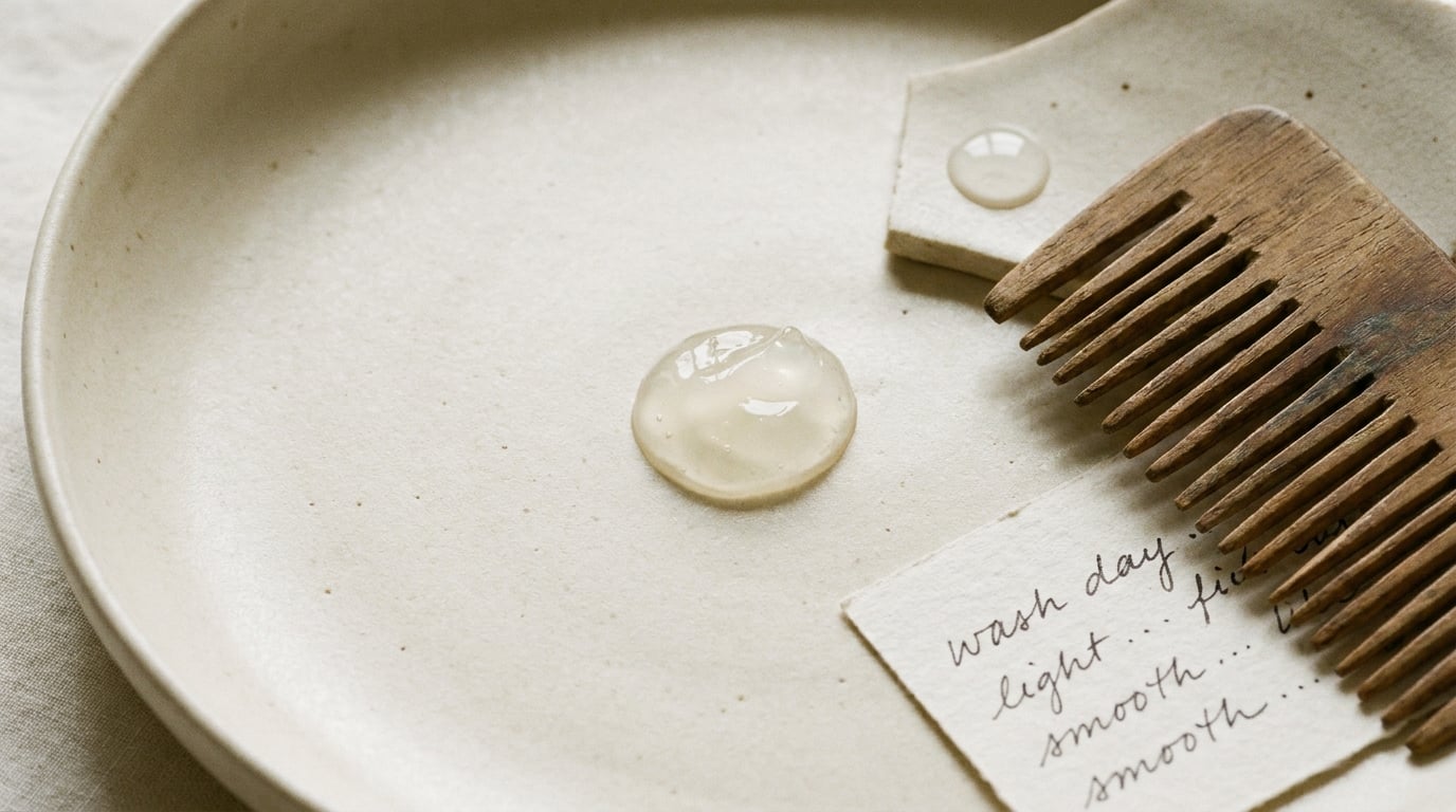 Lightweight gel, a wooden comb, and a wash-day note